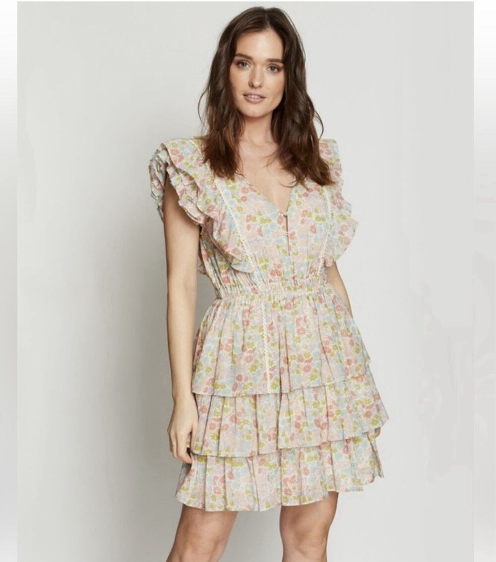 Love The Label Ines Ivory Floral Ruffle Sleeveless Dress Medium NWT